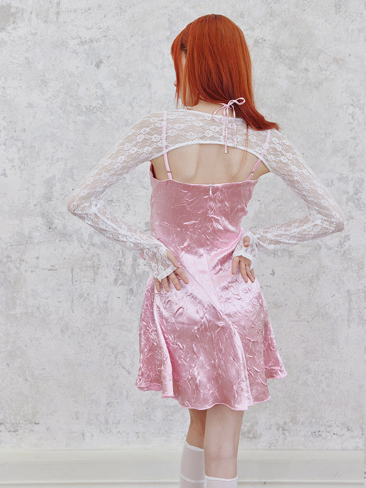 Shiny Hollow Suspender Dress &amp; Lace Sleeve