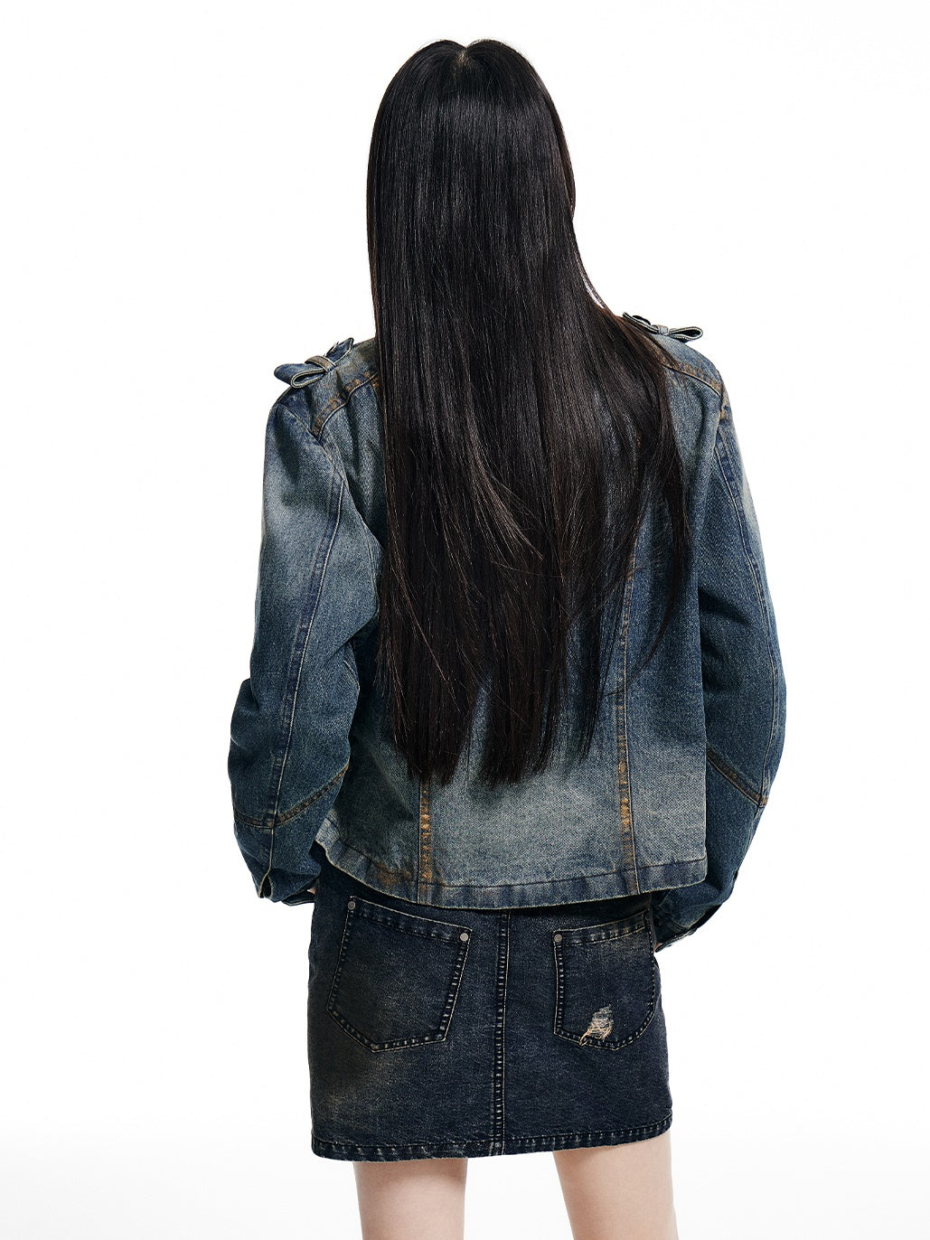 Gold-brushed Slim-fitting Stand-Collar Denim Short Jacket