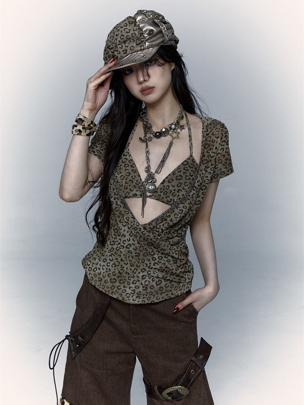 Leopard Print Mesh Hooded Cover-up