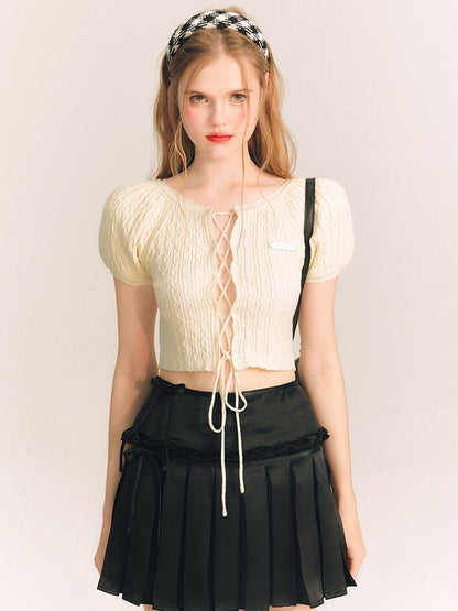 Lace-Up Short Sleeve Cropped Knit