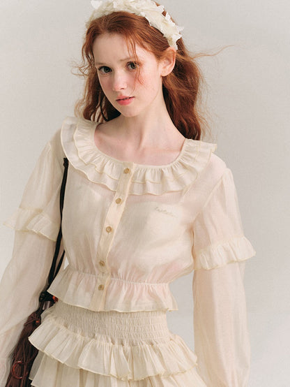 Shimmer Ruffle Collar Shirt &amp; Cake Skirt