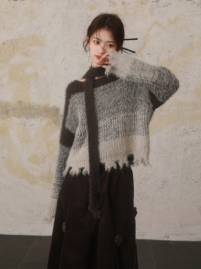 Border Color Loose Sweater &amp; Scarf