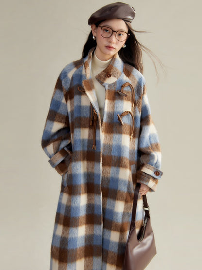 Retro Plaid Stand Collar Toggle Coat