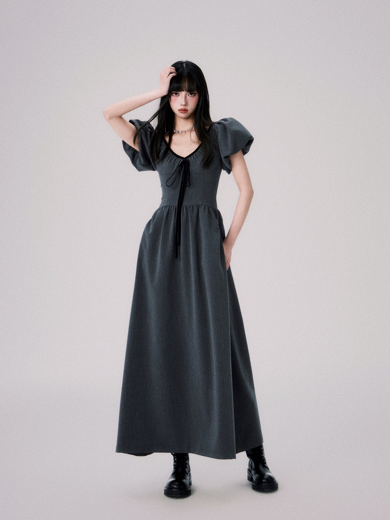 V-neck Puff Sleeve Waist Slimming Long Gather Dress