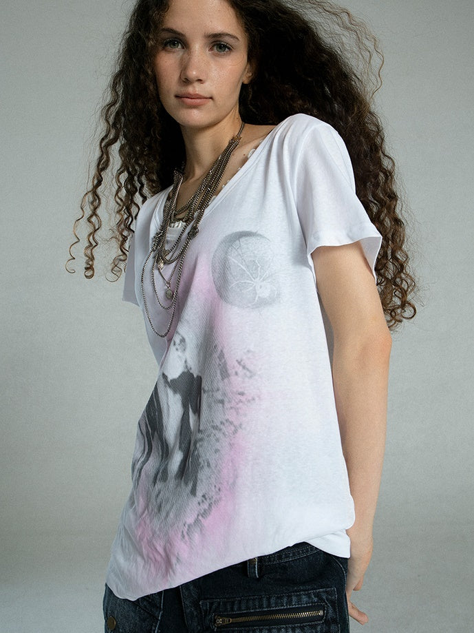 Loose Mid-length V-neck Lace Print T-shirt