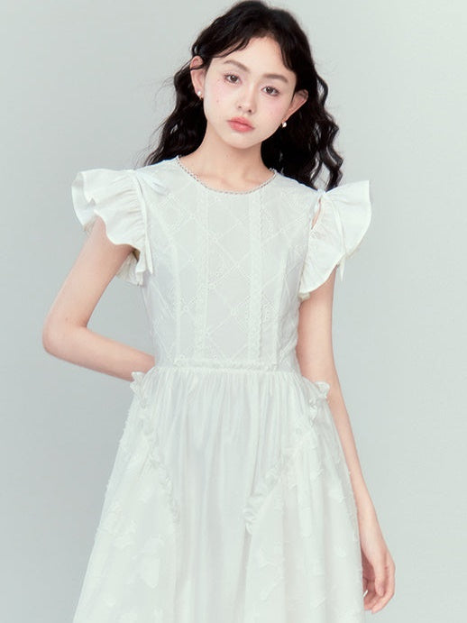 Flying Sleeve Lace Ruffled Dress