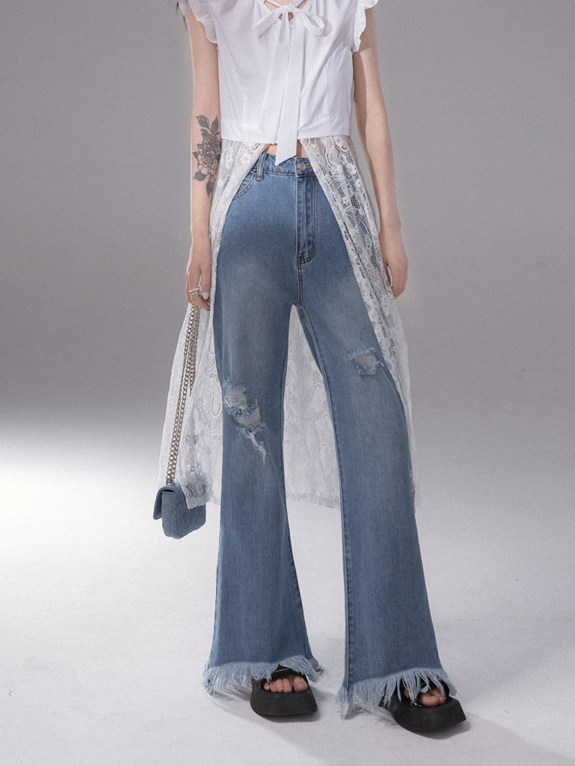 Mopping Raw Edge Flared Denim Pants