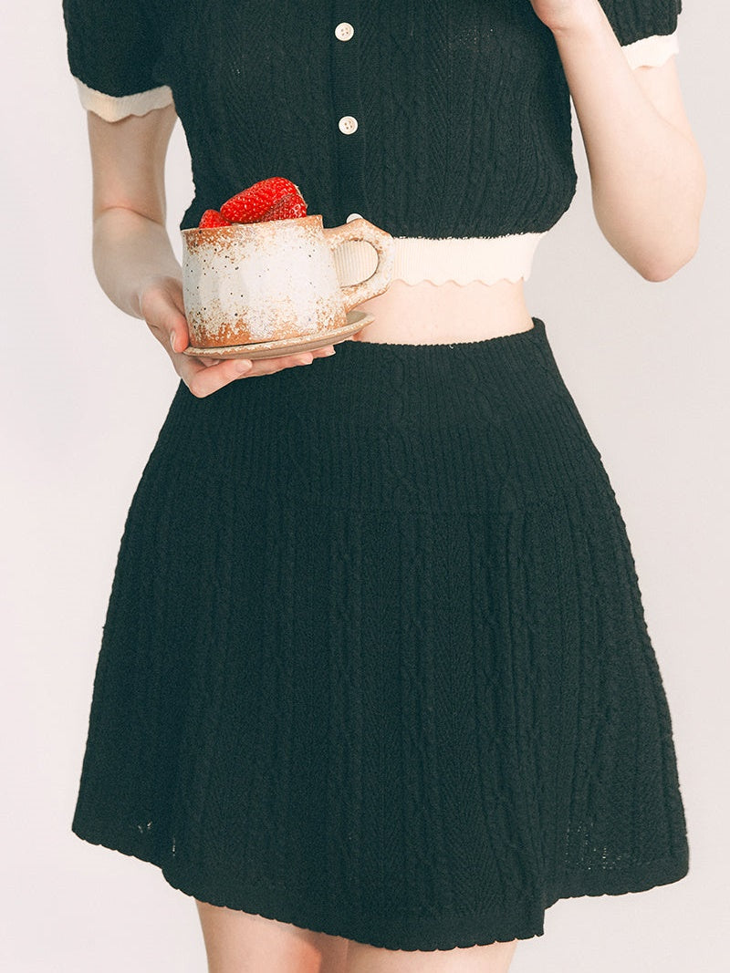 Doll Collar Knitted Top &amp; A-Line Half Skirt 설정