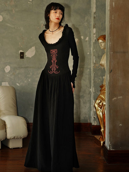 U-Neck Embroidery Waist Switching Long Dress