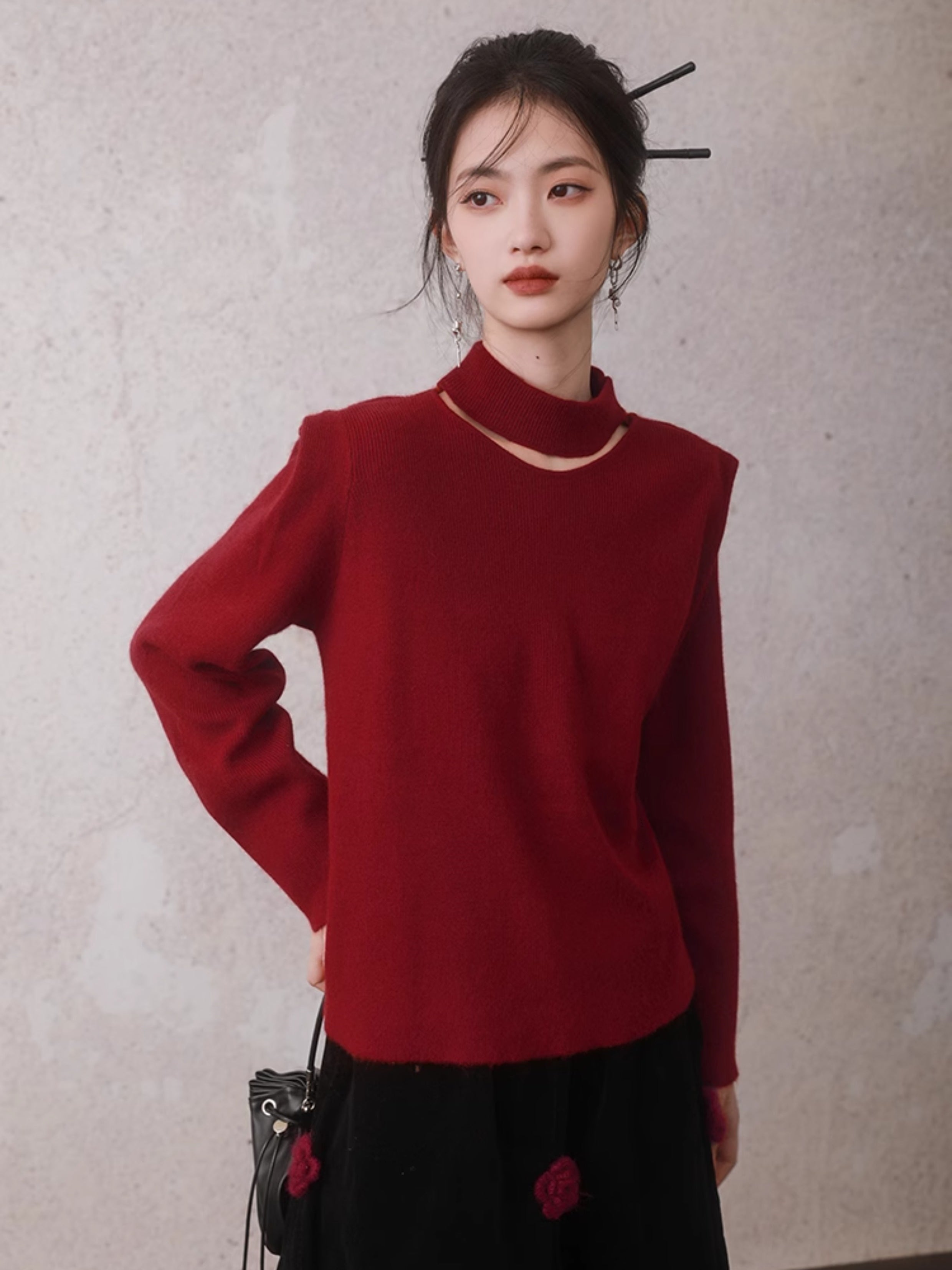 Cutout Design Bottle-Neck Knitted Sweater