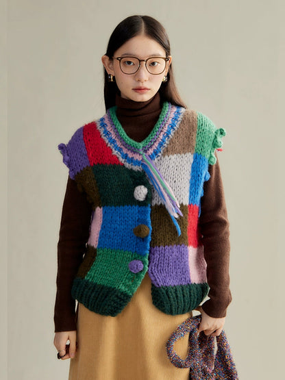 Patchwork Color Knitted Vest Cardigan