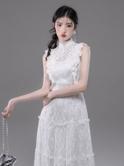 Lace Stand Collar Tiered Sleeveless Dress