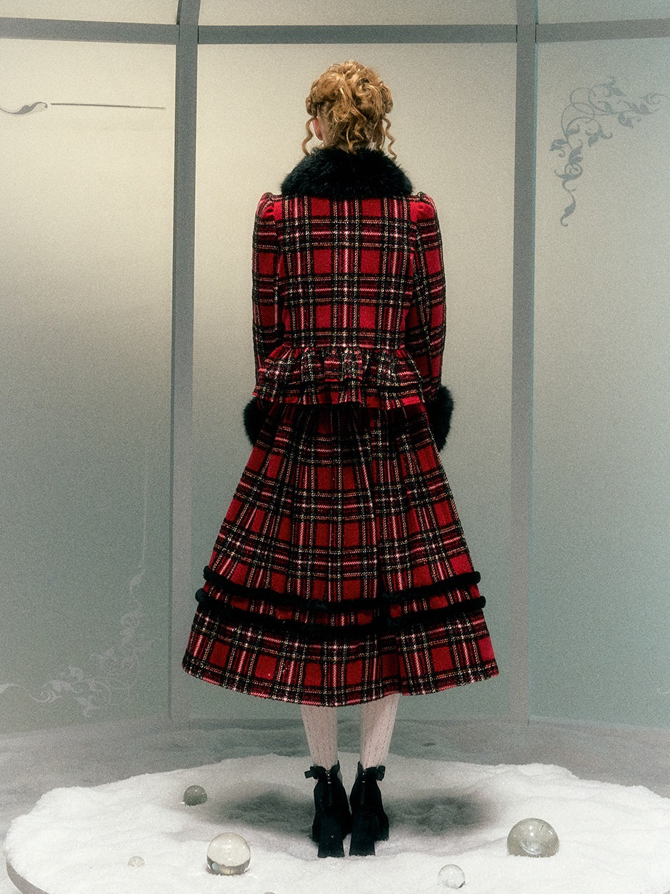 Plaid Detachable Fur Collar Fur Ball Short Coat &amp; Mid-Length Skirt