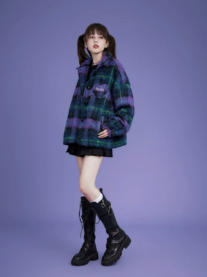 Loose Plaid Long Hair Warm Coat