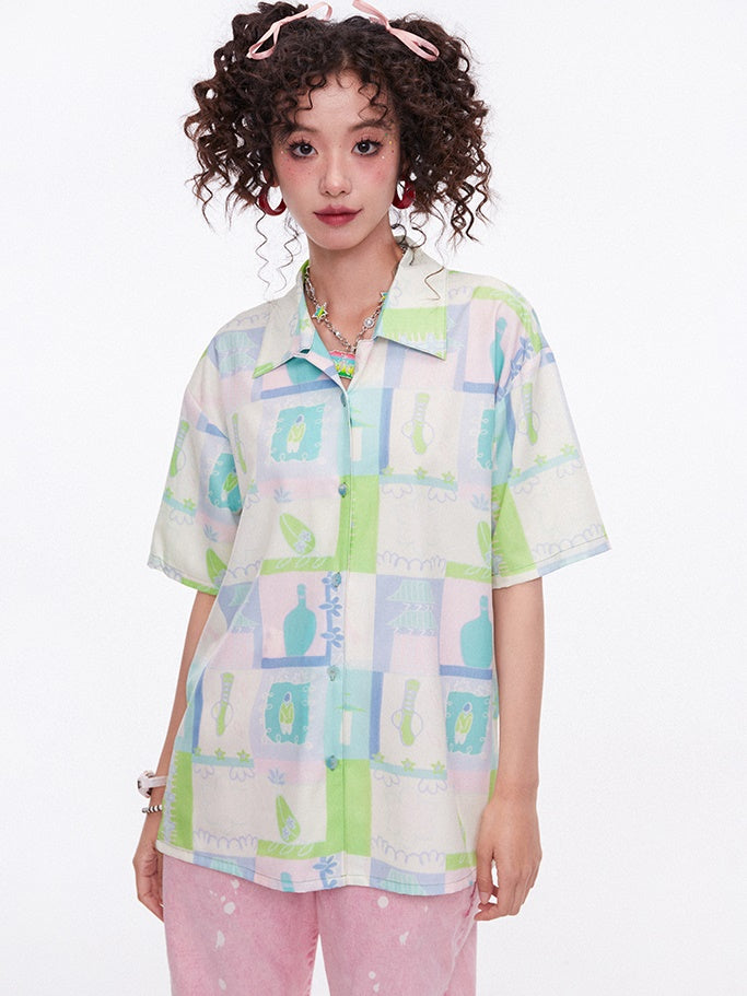 Retro Print Short-Sleeed Shirt