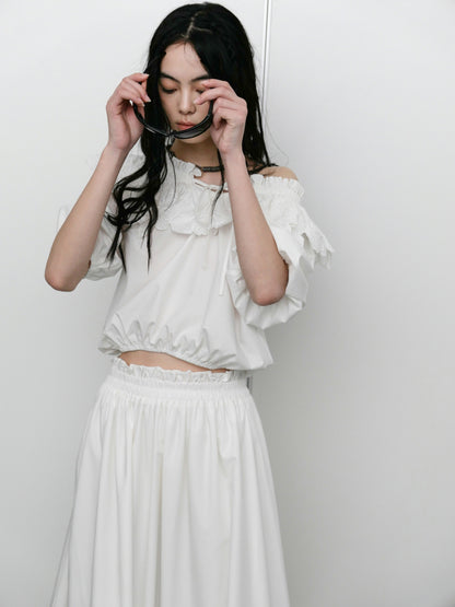 Carved Flower Lace Off-Shoulder Top ＆ Embroidered Skirt