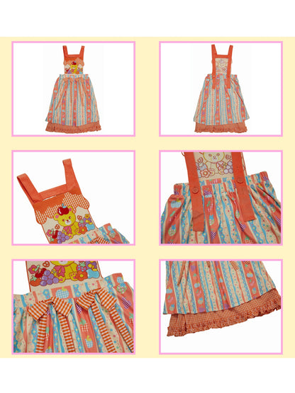 Cartoon Bear Plaid Splicing Embroidered Apron Dress