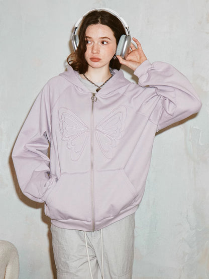 Butterfly Embroidery Loose ZIP-Up Hooded Sweat