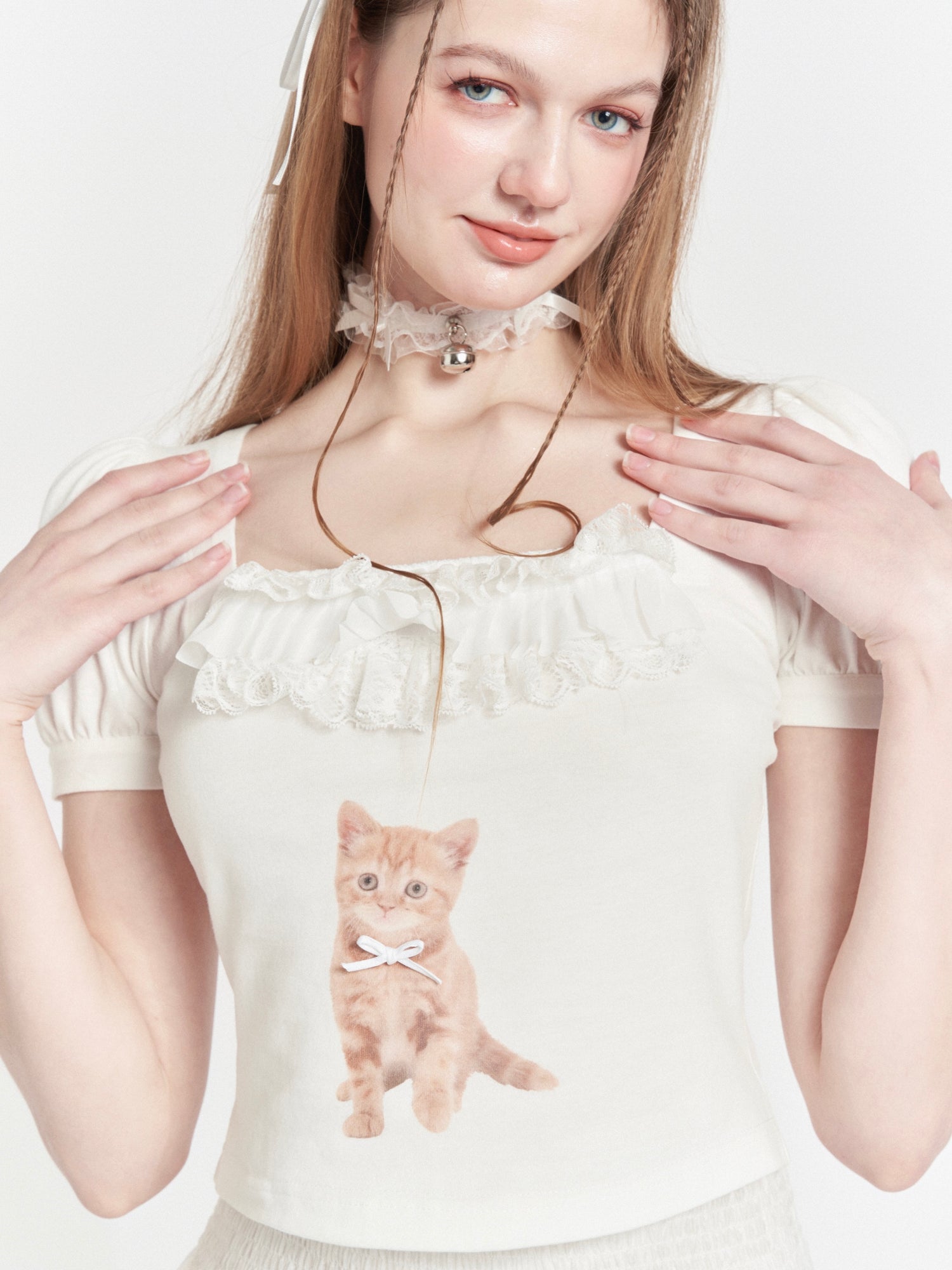 Kitten Print Lace Puff Sleeve T-shirt