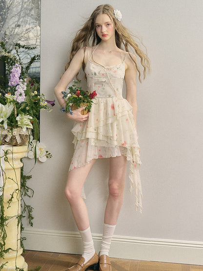 Rose Irregular Ruffle Suspender Dress