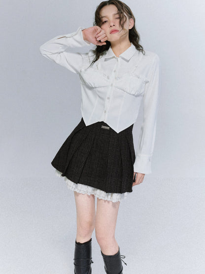 Tweed Stand-Collar Cropped Jacket ＆ Lace Stitch Short Pleated Skirt