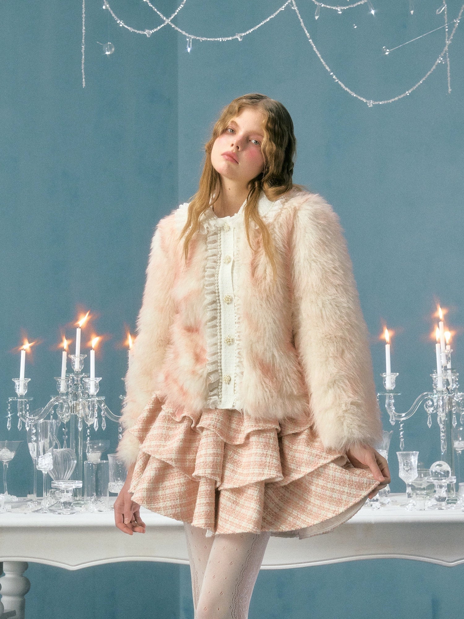 Smudged Pearl Lace Short Imitation Fur Coat