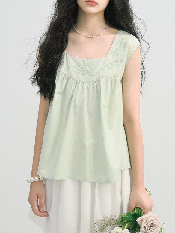 Bow Embroidered Lace Trim Square Neck Sleeveless Shirt