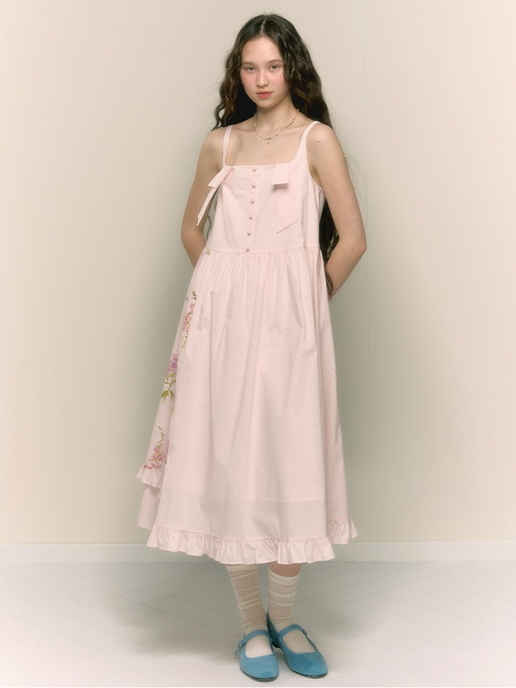 Asymmetric Floral Pleated High Waist Suspender Dress