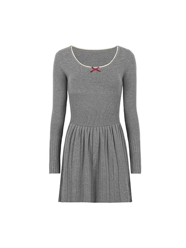 Knit Retro Ribbon Square-Neck Pleats Dress