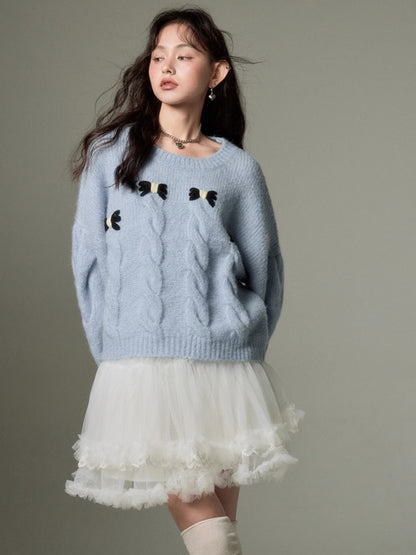 Round Neck Cable Bow Knitted Sweater