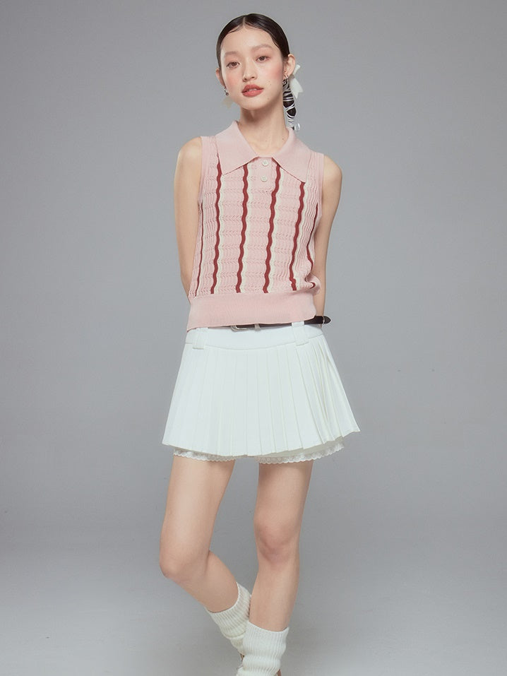 Striped Polo Collar Sleeveless Top