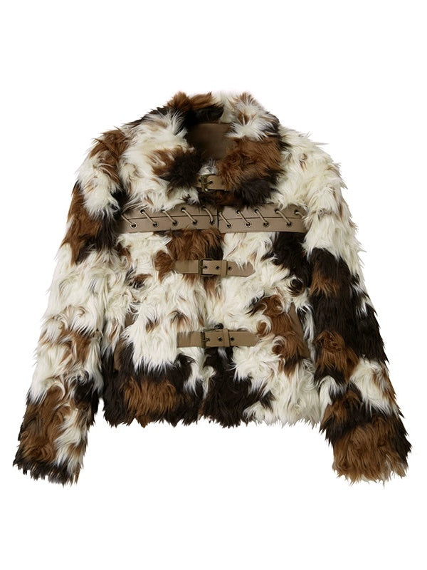 Color-blocked Strap Design Short Fur Coat