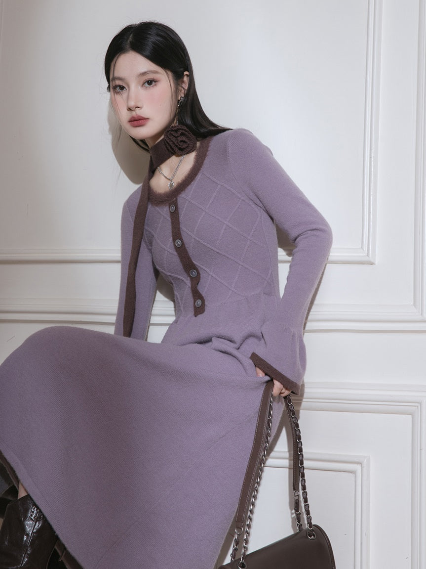 U-neck Diamond Check Knitted Dress