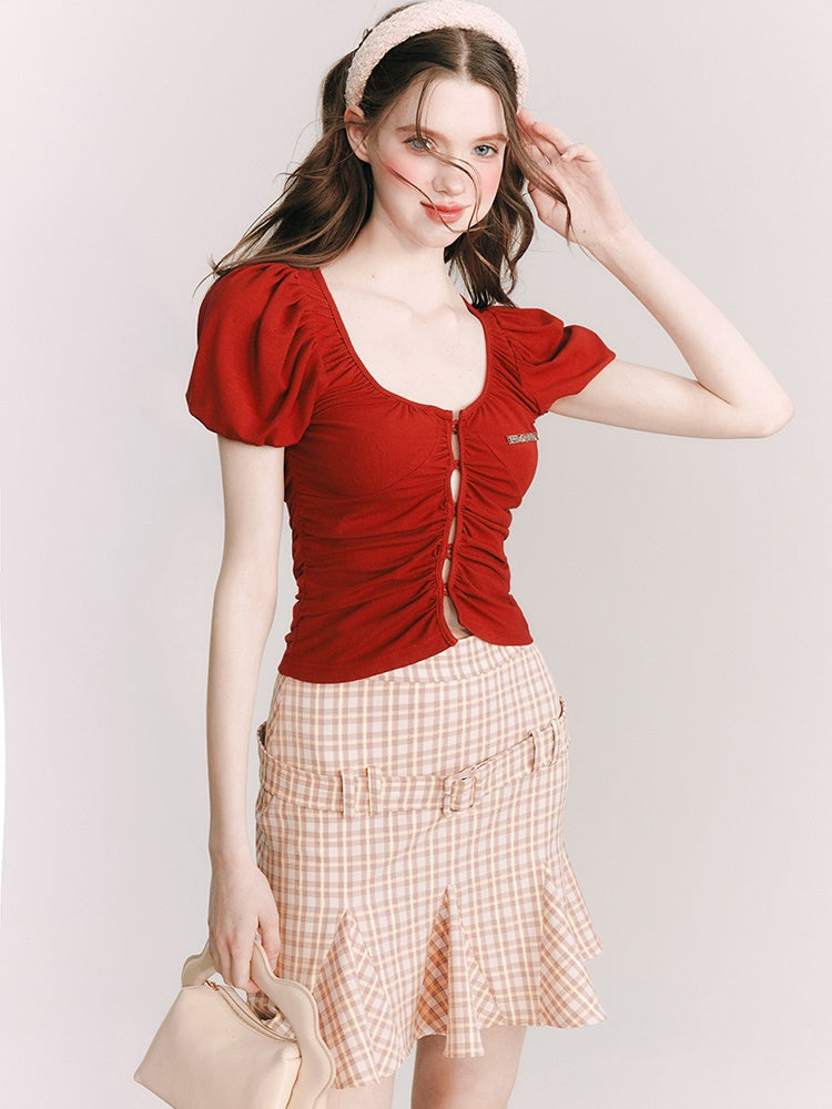 Grid Belt Ruffled High Waist Skirt