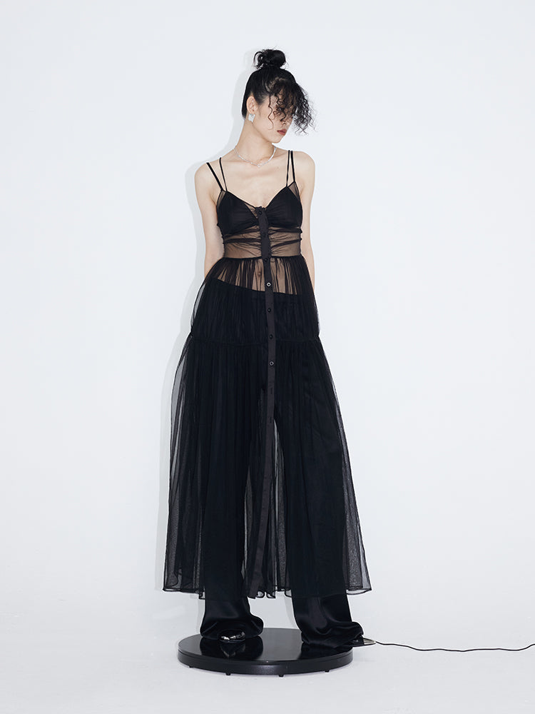 See-through Mesh Suspender Skirt