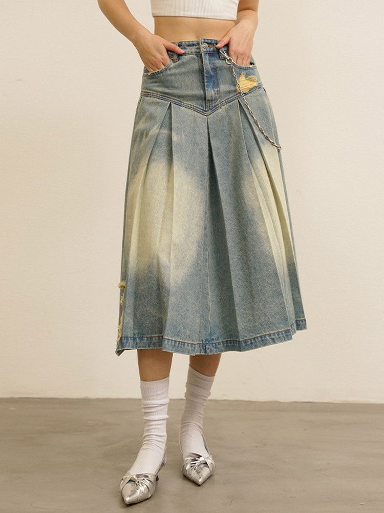 Set-Up Denim Lace-Up Washed Casual Pleats Jacket＆Pants＆Long-Skirt