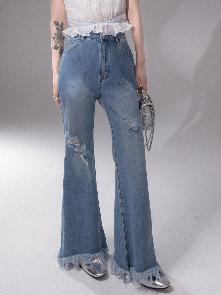 Mopping Raw Edge Flared Denim Pants