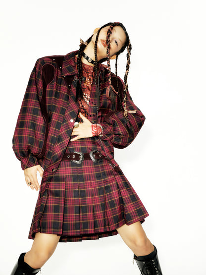 Plaid Stitching Strip Design Short Padded Jacket &amp; Pleated Skirt