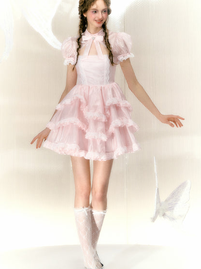 Organza Rhinestone Bow Short-sleeved Lace Princess Dress