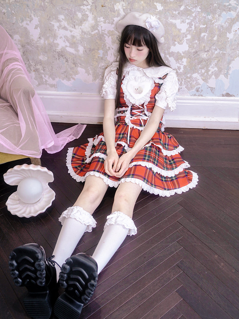 Plaid Cat Print Lace Suspender Dress