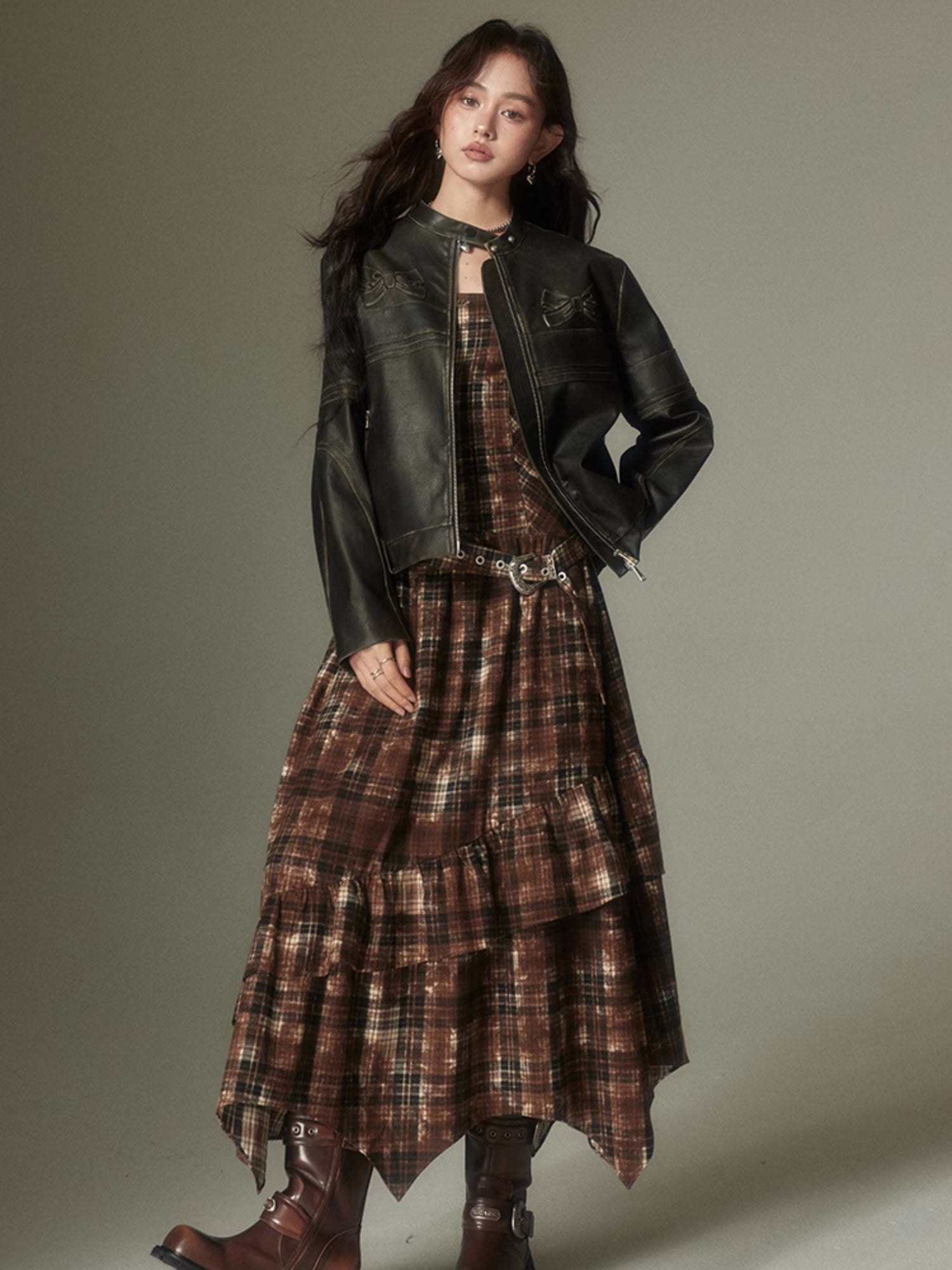 Retro Adjustable Plaid Strap Dress