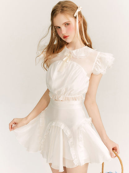 Translucent Flying Sleeve Top &amp; Lace Mini Skirt