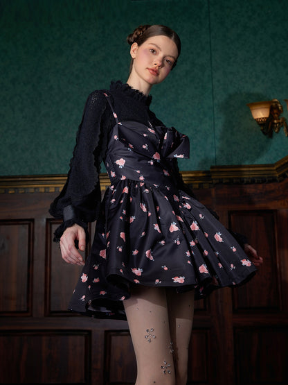 Three-dimensional Bud Floral Printed Suspender Dress