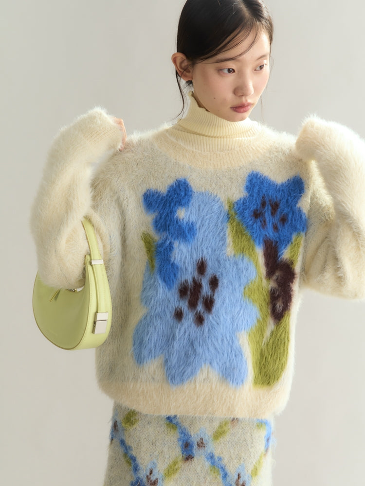 Flower Retro Crew-Neck Mohair-Knit