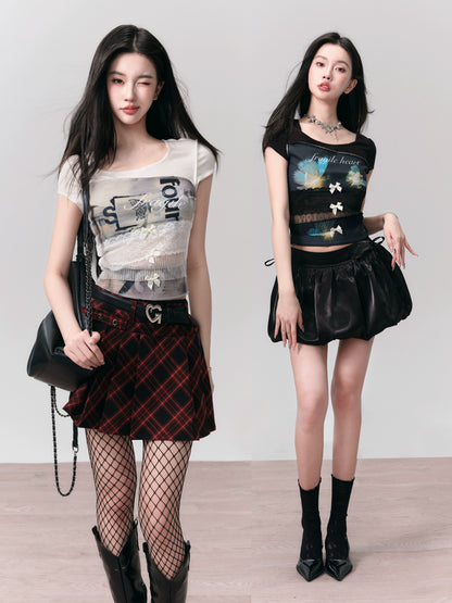 Printed Lace Stitching Bow Slim T-Shirt