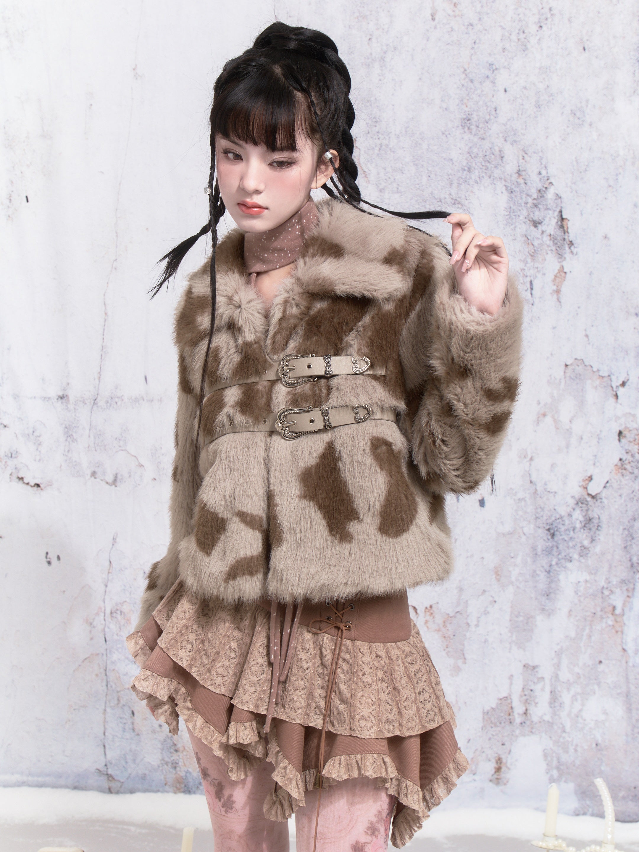 Cow Pattern Leather Buckle Fur Short Coat