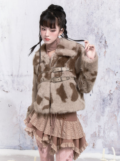 Cow Pattern Leather Buckle Fur Short Coat