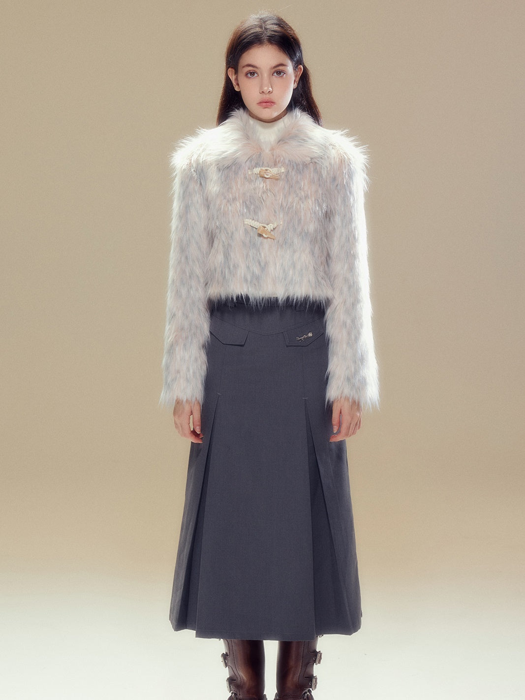 Long Hair Horn Button Friendly Fur Jacket &amp; Box Pleated Skirt