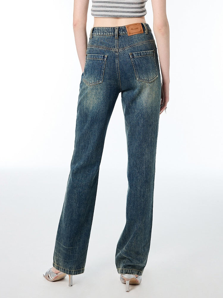 Diagonal Placket Washed Jeans