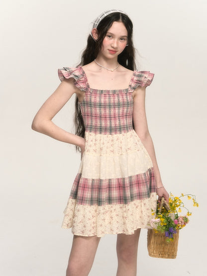 Retro Plaid Floral Lace Patchwork Small Flying Sleeves Dress